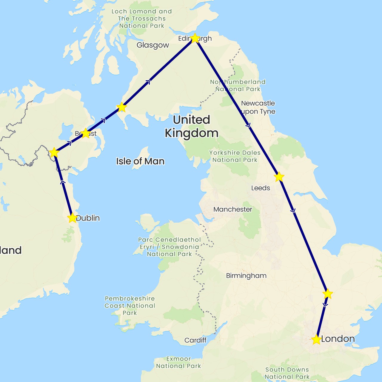 TravelMap itinerary: driving in United Kingdom, Ireland (Europe)