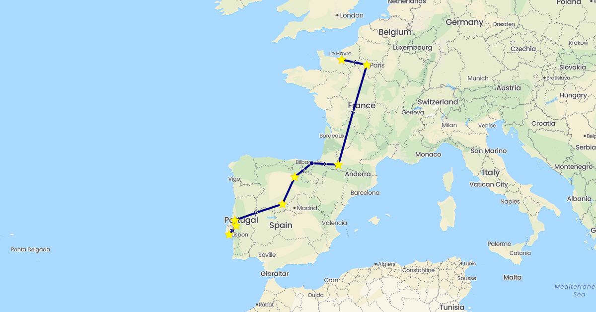 TravelMap itinerary: driving in Spain, France, Portugal (Europe)
