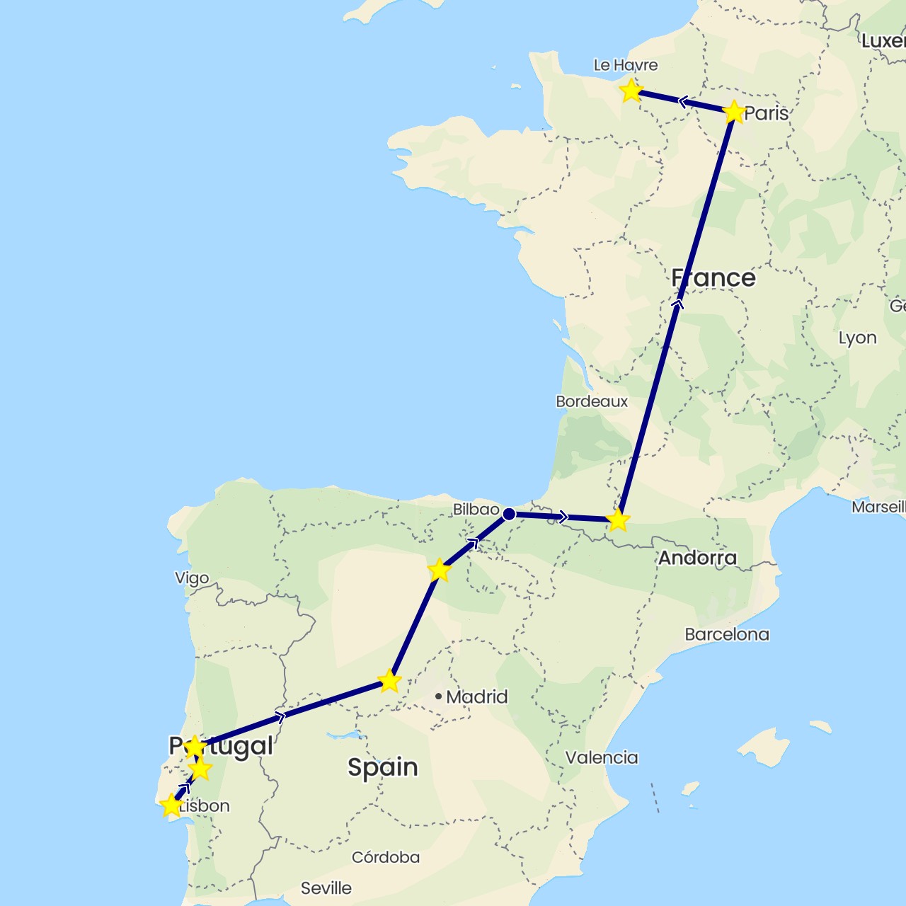 TravelMap itinerary: driving in Spain, France, Portugal (Europe)
