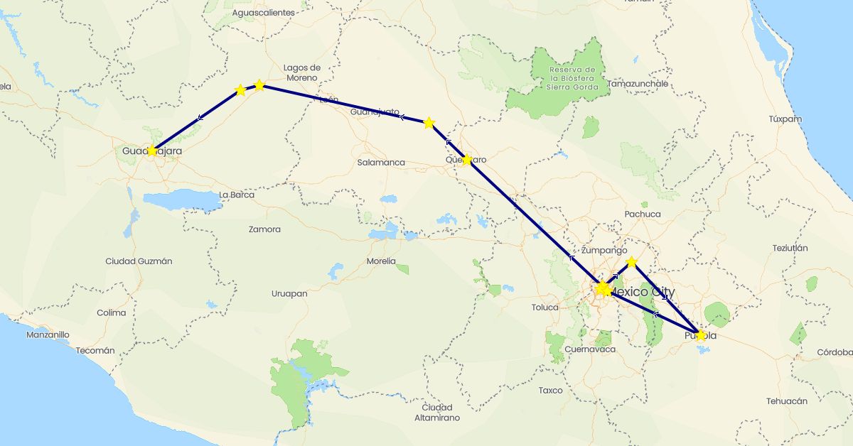 TravelMap itinerary: driving in Mexico (North America)