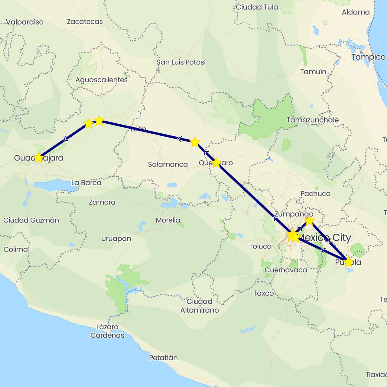 TravelMap itinerary: driving in Mexico (North America)