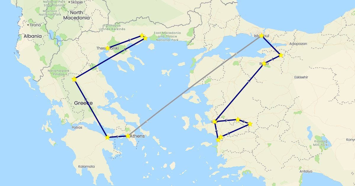 TravelMap itinerary: driving, plane in Greece, Turkey (Asia, Europe)