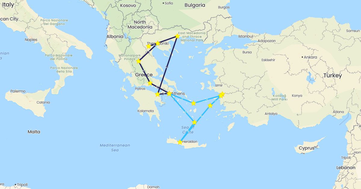 TravelMap itinerary: driving, boat, nativity bus in Greece, Turkey (Asia, Europe)