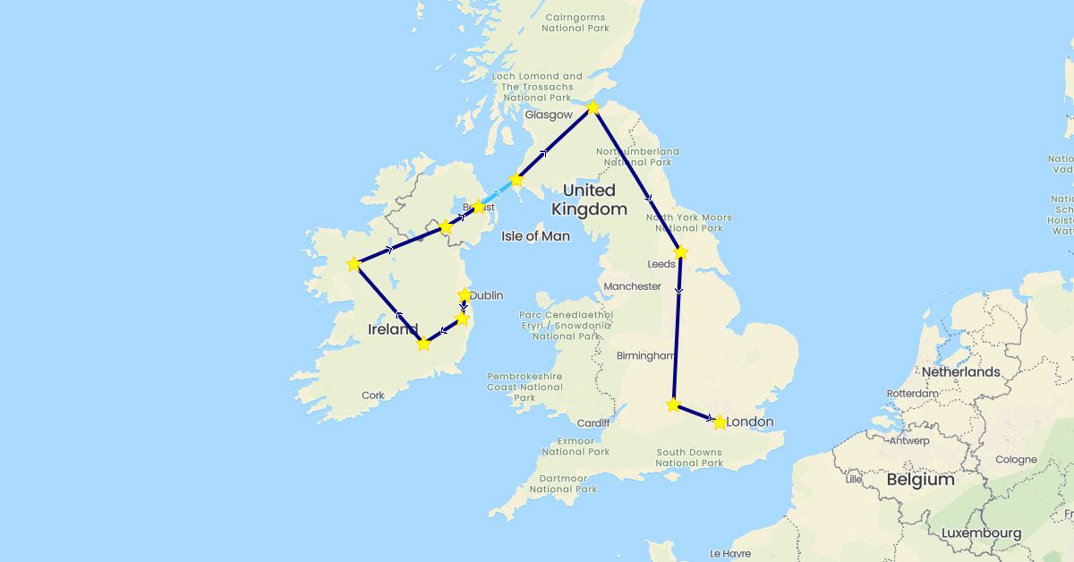 TravelMap itinerary: driving, boat in United Kingdom, Ireland (Europe)