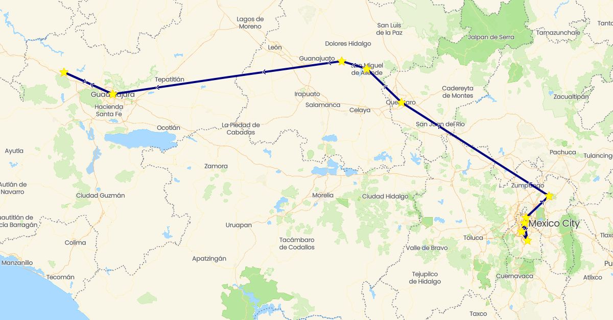 TravelMap itinerary: driving in Mexico (North America)