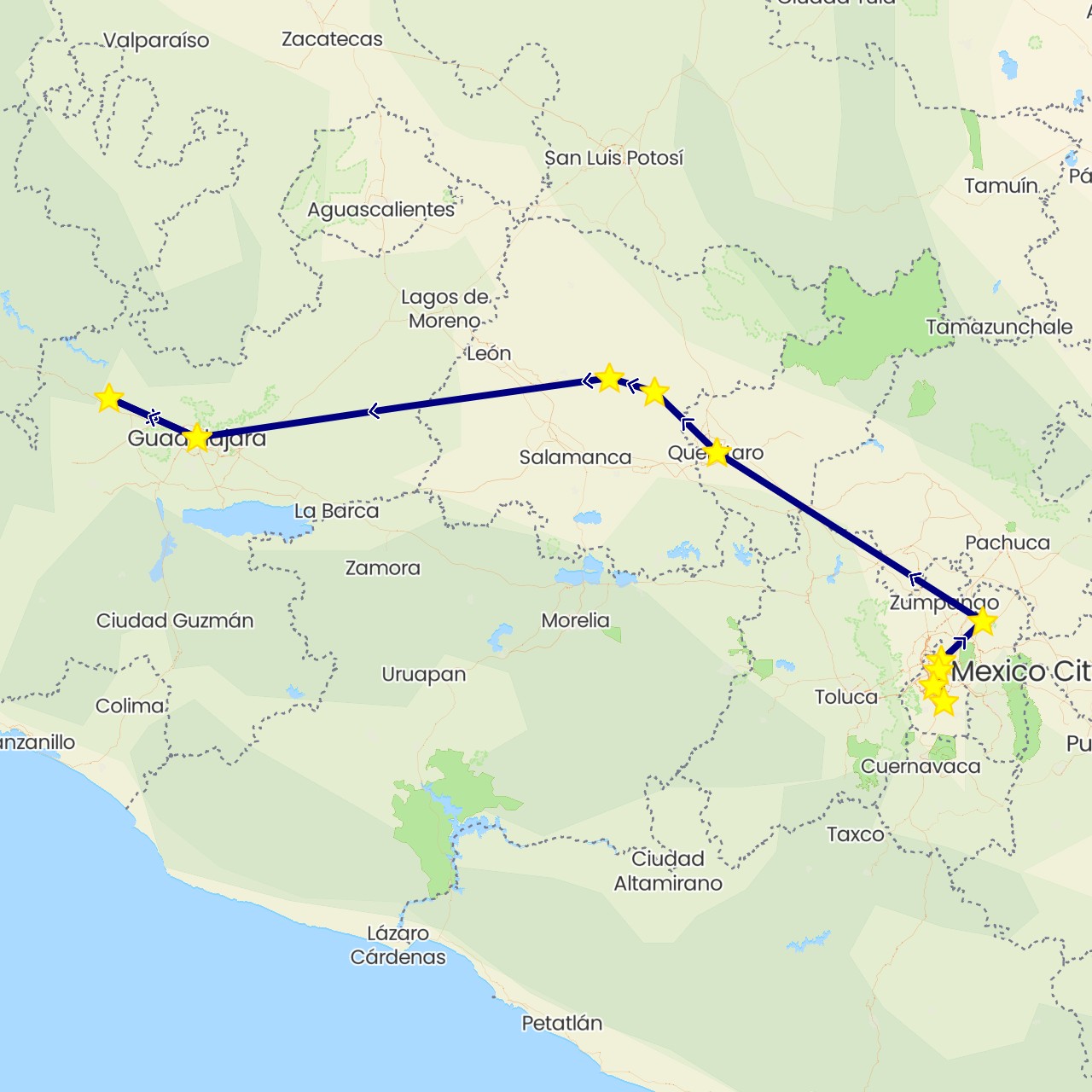 TravelMap itinerary: driving in Mexico (North America)