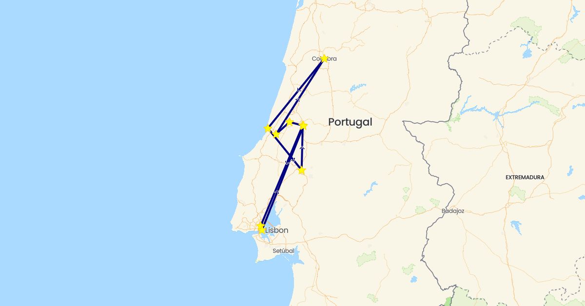 TravelMap itinerary: driving in Portugal (Europe)