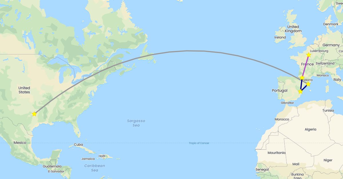 TravelMap itinerary: driving, plane, train in Spain, France, United States (Europe, North America)