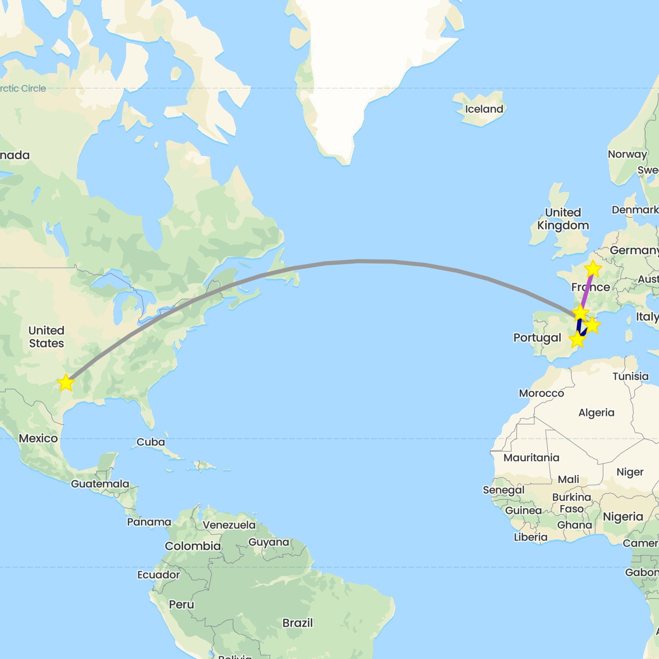 TravelMap itinerary: driving, plane, train in Spain, France, United States (Europe, North America)