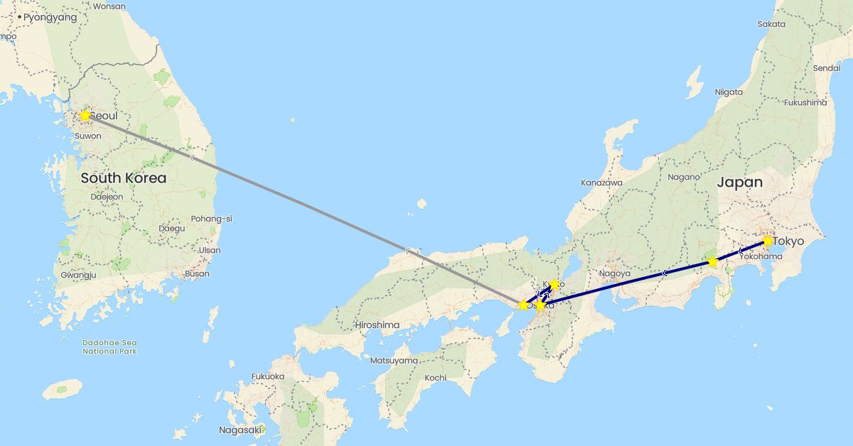 TravelMap itinerary: driving, plane in Japan, South Korea (Asia)