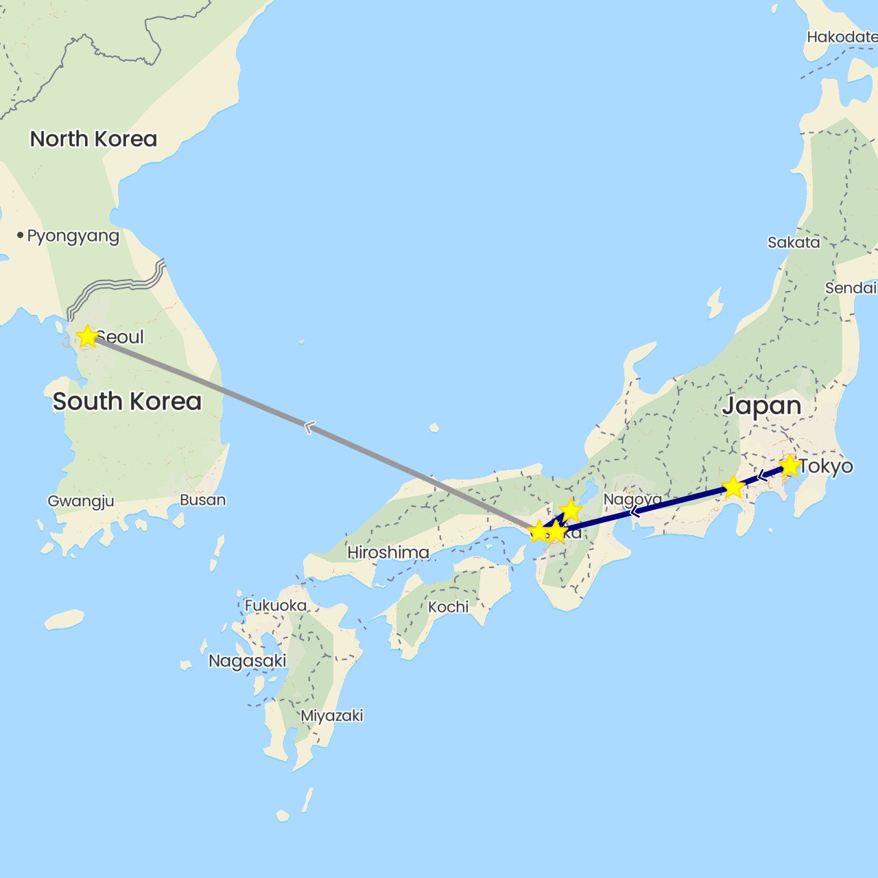 TravelMap itinerary: driving, plane in Japan, South Korea (Asia)