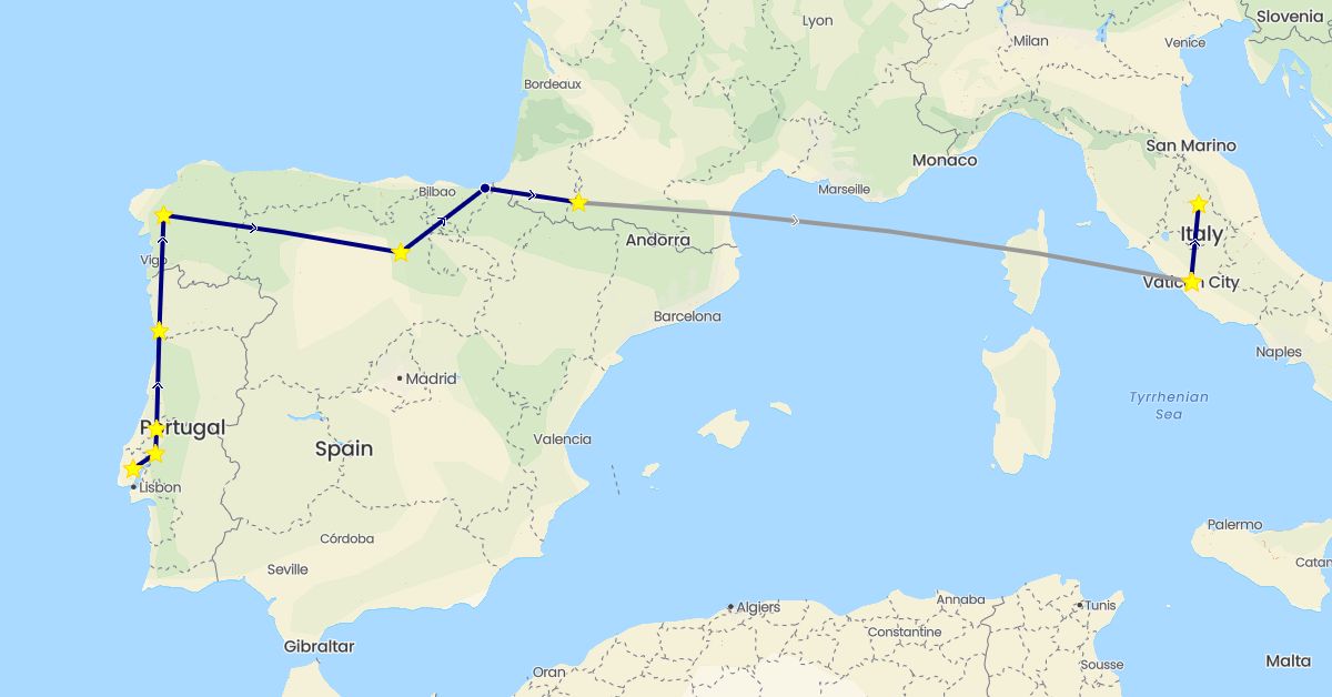 TravelMap itinerary: driving, plane in Spain, France, Italy, Portugal, Vatican City (Europe)