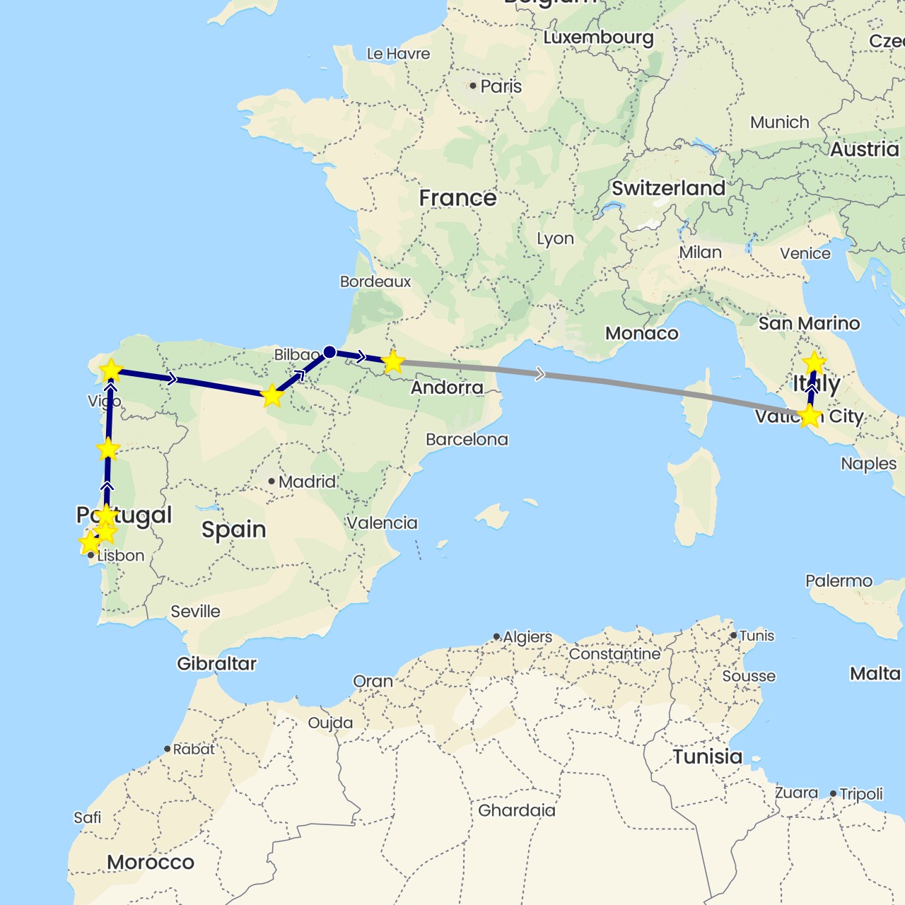 TravelMap itinerary: driving, plane in Spain, France, Italy, Portugal, Vatican City (Europe)