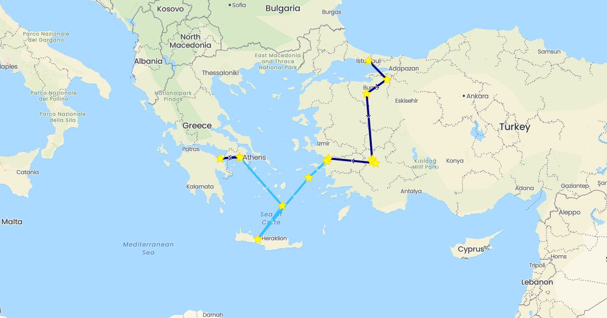 TravelMap itinerary: driving, boat in Greece, Turkey (Asia, Europe)
