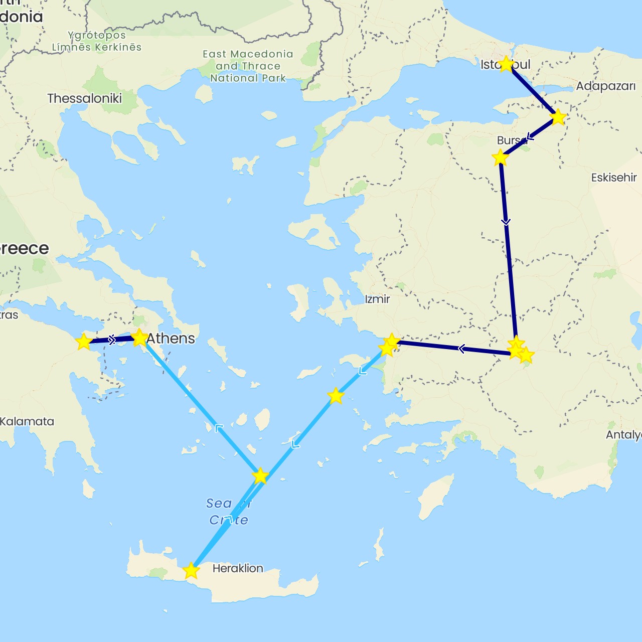 TravelMap itinerary: driving, boat in Greece, Turkey (Asia, Europe)