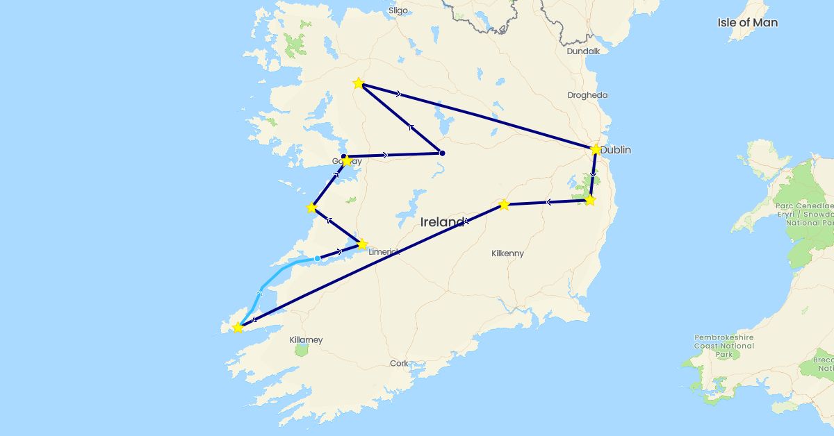 TravelMap itinerary: driving, plane, boat in Ireland (Europe)