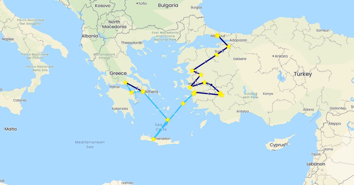 TravelMap itinerary: driving, boat in Greece, Turkey (Asia, Europe)