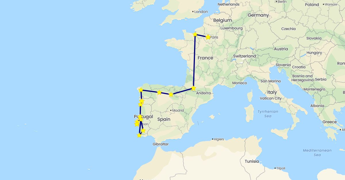 TravelMap itinerary: driving in Spain, France, Portugal (Europe)